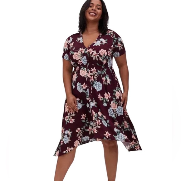 Torrid Burgundy and Pink Floral Challis Midi Shirt Dress Size 1 - Picture 2 of 11